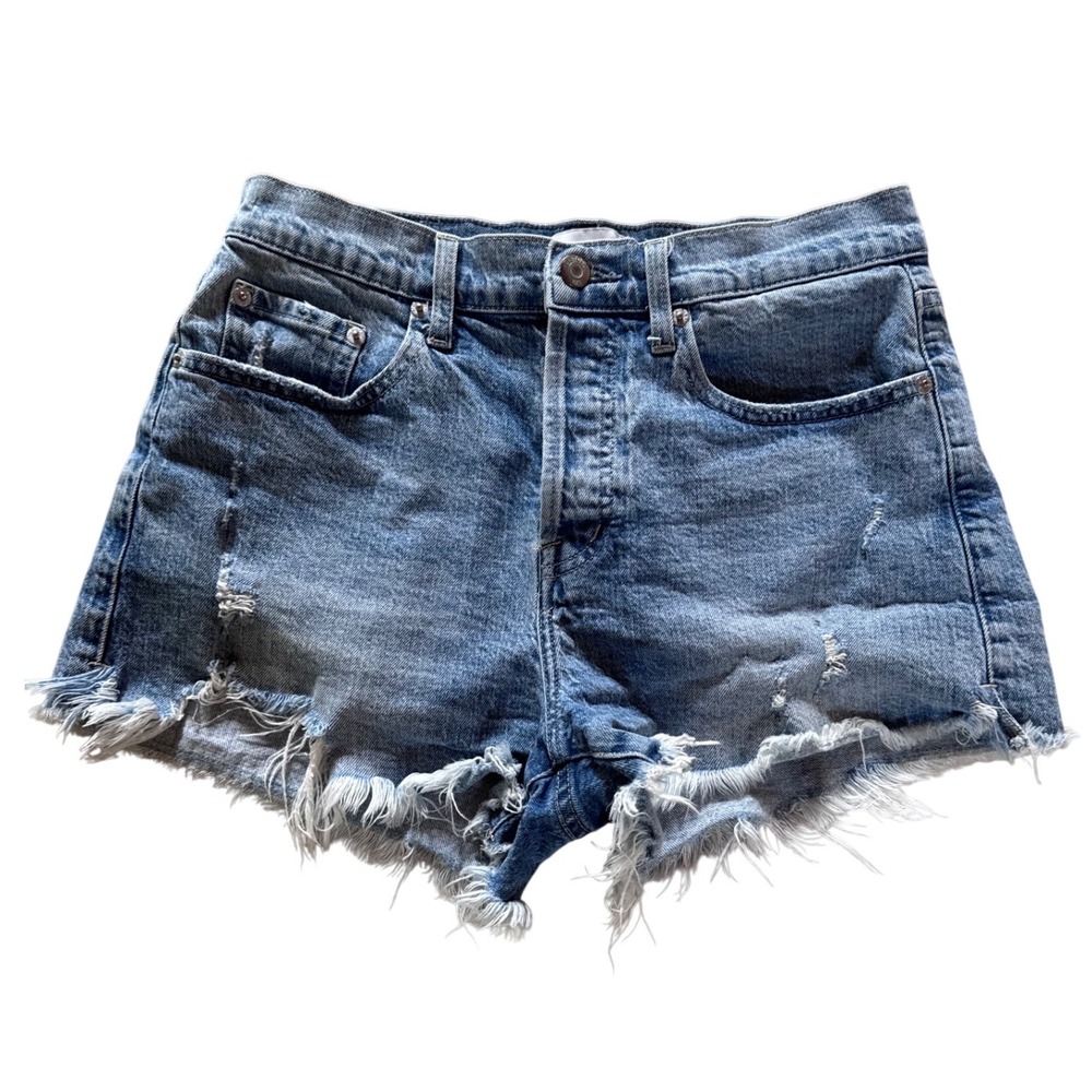 Pistola Distressed Denim Shorts Light Wash Button Fly Frayed Hem Size 27